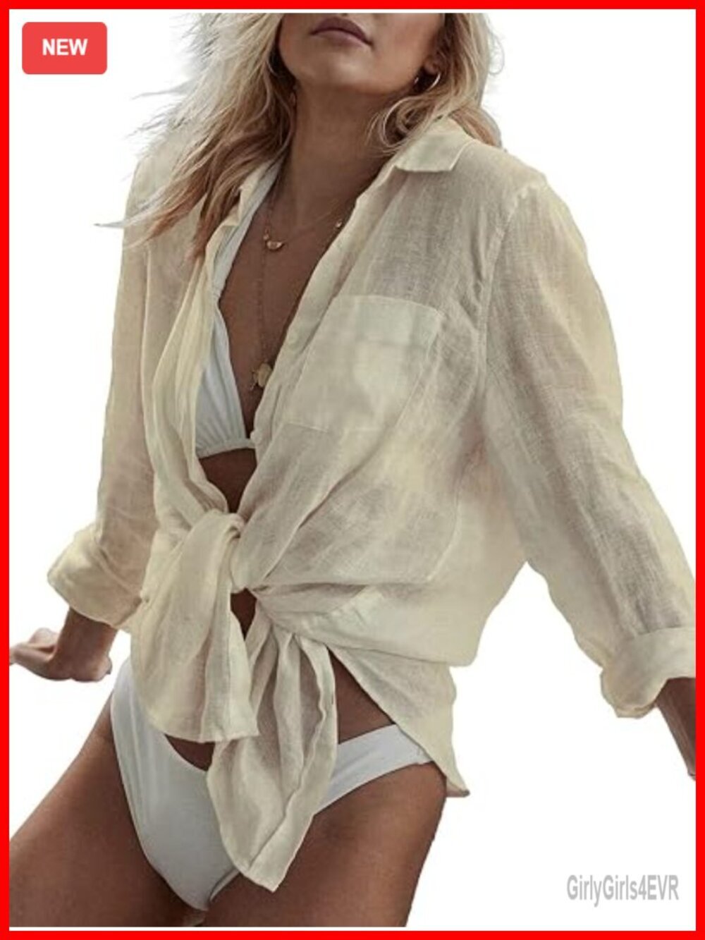 Button Down Cover Up Shirt for Swimsuit - Linen Texture, Long Sleeve, Tie Bottom